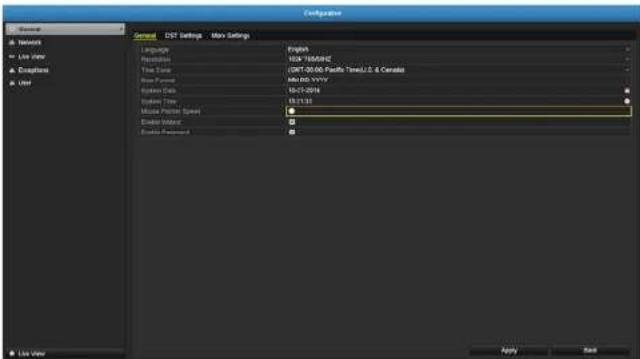Configuration General DST Settings Max Settings Language English Repetitive 100 MHz/Hz Time Data (DNT-20:00: Pacific Time)/J & Canada Power Data 163.00 V/V/V Video Data 163.1251 Audio Fourier States ● Enable Select ● Enable Preference ● Apply Salt Live User