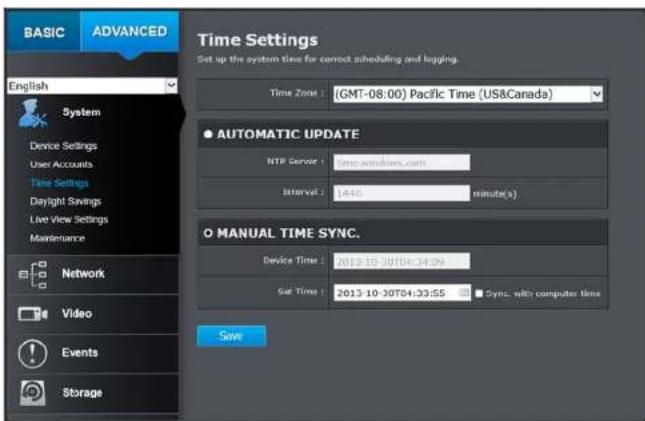 BASIC ADVANCED English System Device Settings User Accounts Time Settings Daylight Savings Live View Settings Maintenance Network Video Events Storage Time Settings Set up the system time for correct scheduling and logging. Time Zone : (GMT-08:00) Pacific Time (US&Canada) ● AUTOMATIC UPDATE NTP Server : time (.windows.com) Interval : 1446 minute(s) O MANUAL TIME SYNC. Device Time : 2013-10-30T04:34:09 Set Time : 2013-10-30T04:33:55 Sync. with computer time Save