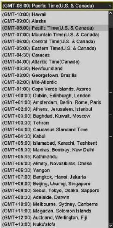 (GMT-08:00) Pacific Time(U.S. & Canada) (GMT-10:00) Hawaii (GMT-09:00) Alaska (GMT-08:00) Pacific Time(U.S. & Canada) (GMT-07:00) Mountain Time(U.S. & Canada) (GMT-06:00) Central Time(U.S. & Canada) (GMT-05:00) Eastern Time(U.S. & Canada) (GMT-04:30) Caracas (GMT-04:00) Atlantic Time(Canada) (GMT-03:30) Newfoundland (GMT-03:00) Georgetown, Brasilia (GMT-02:00) Mid-Atlantic (GMT-01:00) Cape Verde Islands, Azores (GMT+00:00) Dublin, Edinburgh, London (GMT+01:00) Amsterdam, Berlin, Rome, Paris (GMT+02:00) Athens, Jerusalem, Istanbul (GMT+03:00) Baghdad, Kuwait, Moscow (GMT+03:30) Tehran (GMT+04:00) Caucasus Standard Time (GMT+04:30) Kabul (GMT+05:00) Islamabad, Karachi, Tashkent (GMT+05:30) Madras, Bombay, New Delhi (GMT+05:45) Kathmandu (GMT+06:00) Almaty, Novosibirsk, Dhaka (GMT+06:30) Yangon (GMT+07:00) Bangkok, Hanoi, Jakarta (GMT+08:00) Beijing, Urumqi, Singapore (GMT+09:00) Seoul, Tokyo, Osaka, Sapporo (GMT+09:30) Adelaide, Darwin (GMT+10:00) Melbourne, Sydney, Canberra (GMT+11:00) Magadan, Solomon Islands (GMT+12:00) Auckland, Wellington, Fiji (GMT+13:00) Nuku'alofa