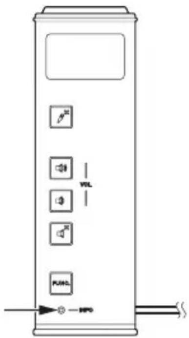 Diagram of a vertical control panel with labeled buttons and indicator lights, showing connections to a power outlet.
