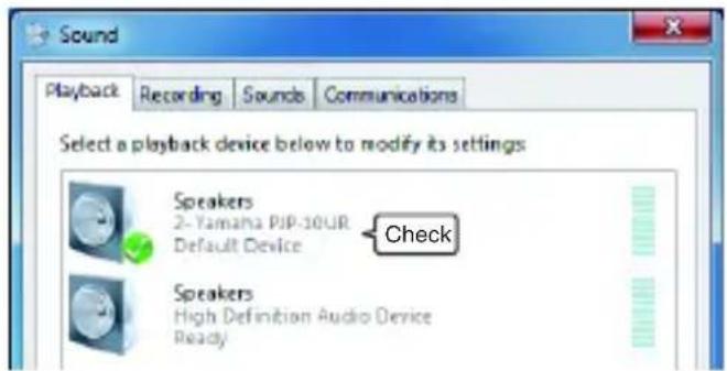 Sound Playback Recording Sounds Communications Select a playback device below to modify its settings Speakers 2- Yamana PIP-30UR Default Device Check Speakers High Definition Audio Device Ready
