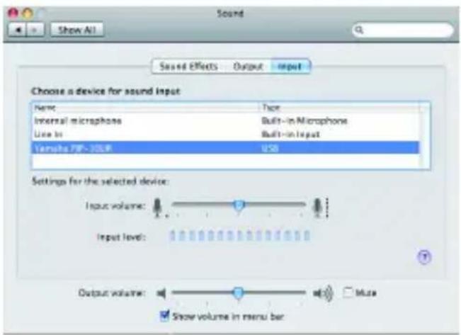 Sound Show All Sased Effects Output Input Choose a device for sound input Name Type Internal microphone Built-in Microphone Use to Built-in Input lensils 75P-105R 2.50 Settings for the selected device: Input volume: Input level: Output volume: Show volume in menu bar