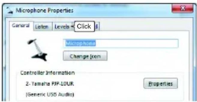 Microphone Properties General Listen Levels Click Microphone Change [con] Controller Information 2- Yamaha PJP-LOUR [Generic USB Audio] Properties