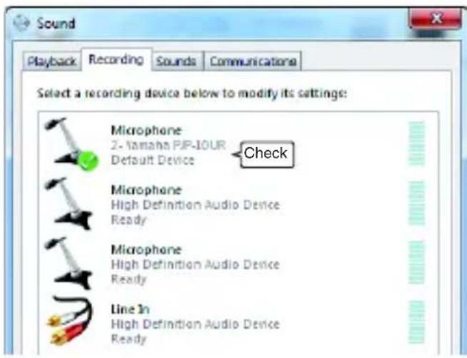 Sound Playback Recording Sounds Communications Select a recording device below to modify its settings: Microphone 2 - Yamaha PJP-10UR Default Device Check Microphone High Definition Audio Device Ready Microphone High Definition Audio Device Ready Line In High Definition Audio Device Ready