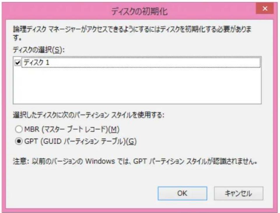 ディスクの初期化 論理ディスク マネージャーがアクセスできるようにするにはディスクを初期化する必要があります。 ディスクの選択(S): ☑ ディスク 1 選択したディスクに次のパーティション スタイルを使用する: ○ MBR (マスター ブート レコード)(M) ● GPT (GUID パーティション テーブル)(G) 注意: 以前のバージョンの Windows では、GPT パーティション スタイルが認識されません。 OK キャンセル