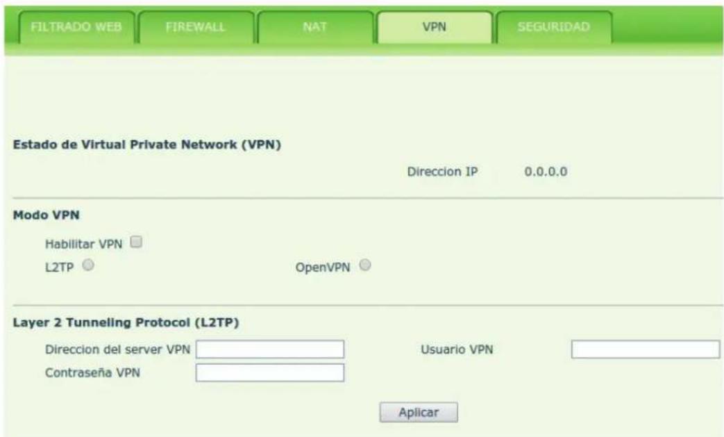 FILTRADO WEB FIREWALL NAT VPN SEGURIDAD Estado de Virtual Private Network (VPN) Dicho IP 0.0.0.0 Modo VPN Habilitar VPN □ L2TP ○ OpenVPN ○ Layer 2 Tunneling Protocol (L2TP) Dicho del server VPN Contraseña VPN Usuario VPN Aplicar