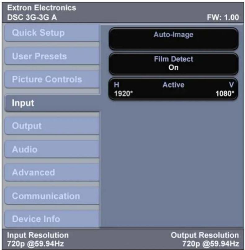 Extron Electronics DSC 3G-3G A FW: 1.00 Quick Setup Auto-Image User Presets Film Detect On Picture Controls H Active V 1920* 1080* Input Output Audio Advanced Communication Device Info Input Resolution 720p @59.94Hz Output Resolution 720p @59.94Hz