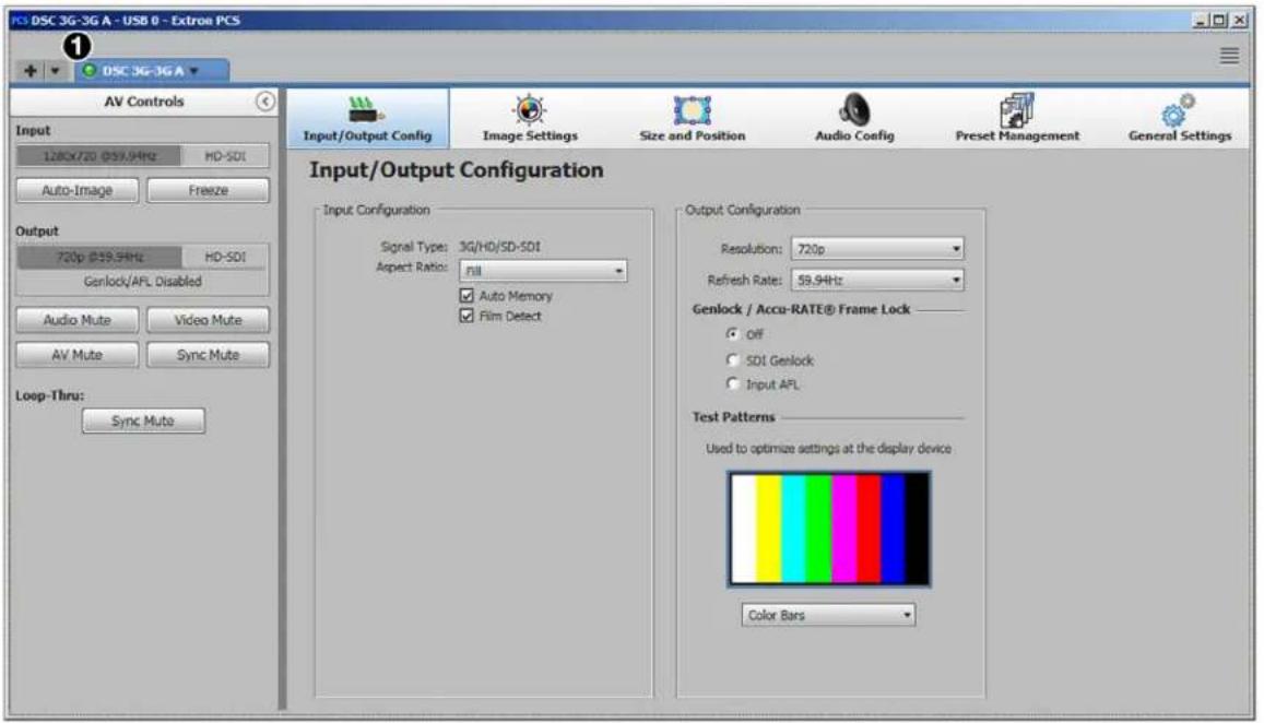 DSC 3G-3G A - USB 0 - Extron PCS AV Controls Input 1280X720 (DSX,9MHz) HD-SDI Auto-Image Freeze Output 720p @39.9Hz HD-SDI Genlock/AFL Disabled Audio Mute Video Mute AV Mute Sync Mute Loop-Thru: Sync Mute Input/Output Configuration Signal Type: 3G/HO/SD-SDI Aspect Ratio: fill ✓ Auto Memory ✓ Film Detect Output Configuration Resolution: 720p Refresh Rate: 59.9Hz Genlock / Accu-RATE® Frame Lock —— ✓ off ○ SDI Genlock ○ Input AFL Test Patterns —— Used to optimize settings at the display device Color Bars