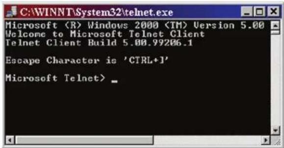 Microsoft (R) Windows 2000 Version 5.00 Welcome to Microsoft Telnet Client Telnet Client Build 5.00.99206.1 Escape Character is 'CTRL+1' Microsoft Telnet>