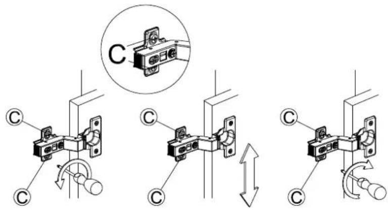 Technical diagram showing three variations of a door handle mechanism with labeled components and directional arrows indicating motion.