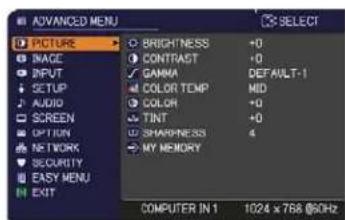 ADANCED MENU PITURES MAGE INPUT SETUP AUDIO SCREEN OPTION NETWORK SECURITY EASY MENU EXIT O BRICHNESS +0 O CONTRAST +0 √ GAMMA DEFAULT-1 M COLOR TEMP MID O COLOR +0 √ TINT +0 U SHARPNESS 4 • MY MEMORY COMPUTER IN 1 1024 x 768 @90Hz