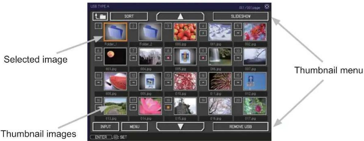 USB TYPE A 001/002/page SORT SLIDESHOW Selected image Thumbnail menu Thumbnail images INPUT MENU REMOVE USB ENTER SET