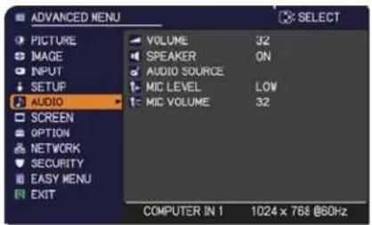 ADVANCED MENU SELECT PICTURE IMAGE INPUT SETUP AUDIO SCREEN OPTION NETWORK SECURITY EASY MENU EXIT VOLUME 32 SPEAKER ON AUDIO SOURCE MIC LEVEL LOW MIC VOLUME 32 COMPUTER IN 1 1024 x 768 @60Hz