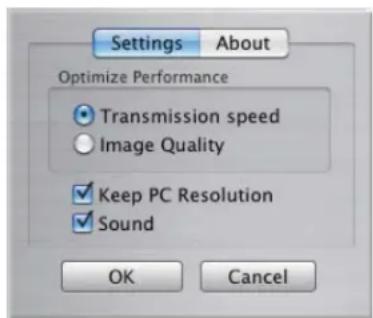 Settings About Optimize Performance Transmission speed Image Quality Keep PC Resolution Sound OK Cancel