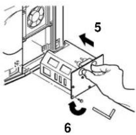 Diagram showing a hand inserting a device into a fan, labeled with numbers 5 and 6 indicating components or parts.