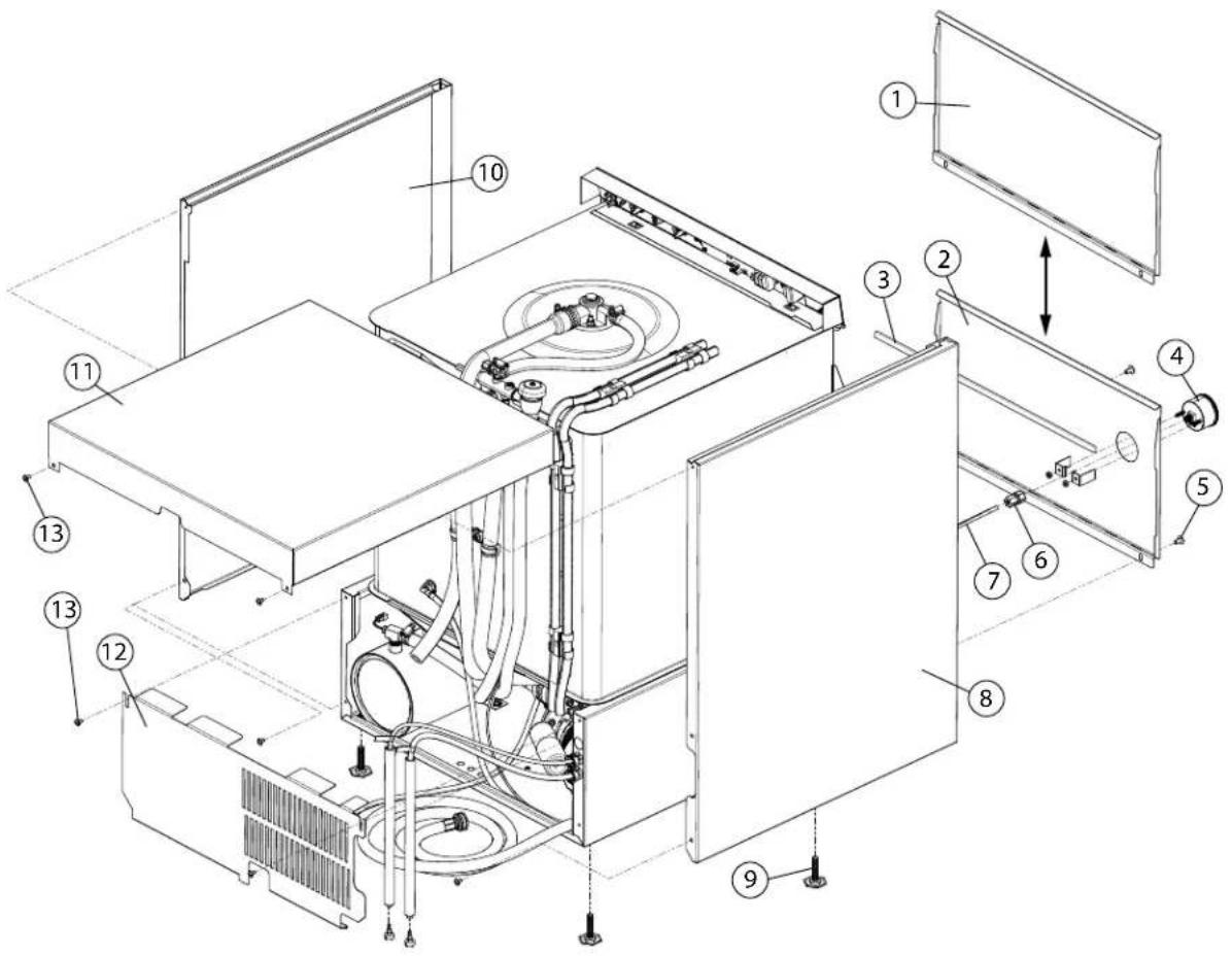 Technical diagram of a microwave oven with numbered components for identification and assembly reference.