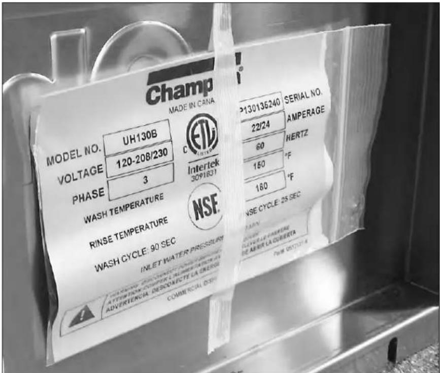 Champ MADE IN CANA MODEL NO. UH130B VOLTAGE 120-208/230 PHASE 3 WASH TEMPERATURE RINSE TEMPERATURE WASH CYCLE: 90 SEC INLET WATER PRESSURE A FUTTERING COUSPEK LA URBERTA DE LA CEREGIA ADVERTENCIA DESCOFFECTE LA CEREGIA CONMERCIAL DSS P130136240 SERIAL NO. 22/24 AMPERAGE 60 HERTZ 150 °F 180 °F SENSE…