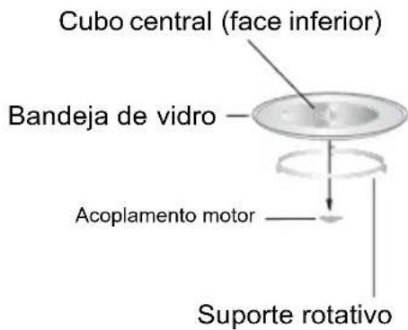 Cubo central (face inferior) Bandeja de vidro Acoplamento motor Suporte rotativo
