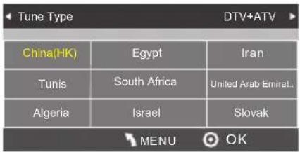 Tune Type China(HK) Egypt Iran Tunis South Africa United Arab Emirat.. Algeria Israel Slovak MENU OK