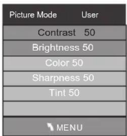 Picture Mode User Contrast 50 Brightness 50 Color 50 Sharpness 50 Tint 50 MENU