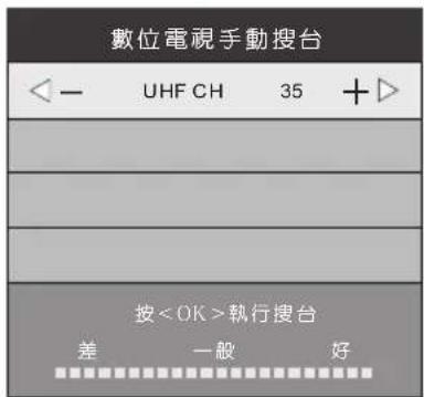 數位電視手動搜台 ← - UHF CH 35 + > 按執行搜台 差 一般 好
