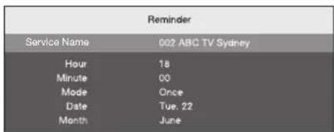 Reminder Service Name 002 ABC TV Sydney Hour 18 Minute 00 Mode Once Date Tue, 22 Month June