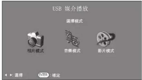 USB 媒介播放 選擇模式 相片模式 音樂模式 影片模式 ▶: 選擇 ENTER: 確定