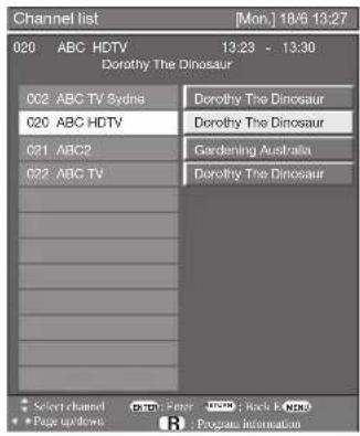 Channel list [Mon.] 18/6 13:27 020 ABC HDTV 13:23 - 13:30 Dorothy The Dinosaur 02 ABC TV Sydney Dorothy The Dinosaur 020 ABC HDTV Dorothy The Dinosaur 021 ABC2 Gardening Australia 022 ABC TV Dorothy The Dinosaur Select channel CNTC Page DVD Rock & DVD Page up/down B Programs Information