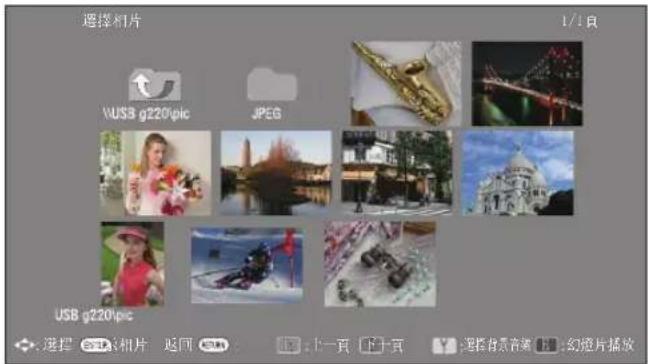 選擇相片 1/1頁 VUSB g220pic JPEG USB g220pic 選擇 223相片 返回 上一頁 上十頁 選擇背景音稱 上幻燈片播放