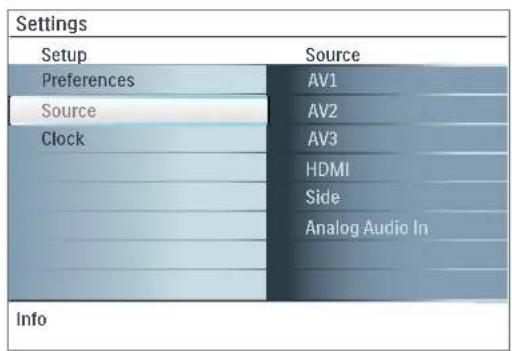 Settings Setup Source Preferences AV1 Source AV2 Clock AV3 HDMI Side Analog Audio In Info