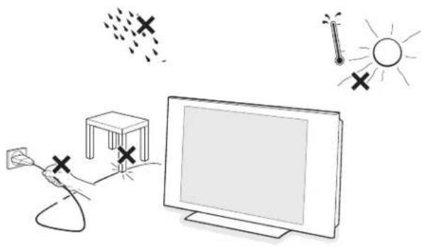 Illustration of a TV with a plug, lamp, and sun icons (no text or symbols)