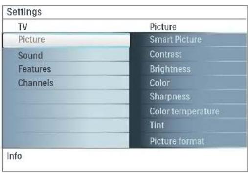 Settings TV Picture Picture Smart Picture Sound Contrast Features Brightness Channels Color Sharpness ultimately Color temperature Tint Picture format Info