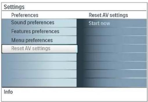 Settings Preferences Reset AV settings Sound preferences Start now Features preferences Menu preferences Reset AV settings Info