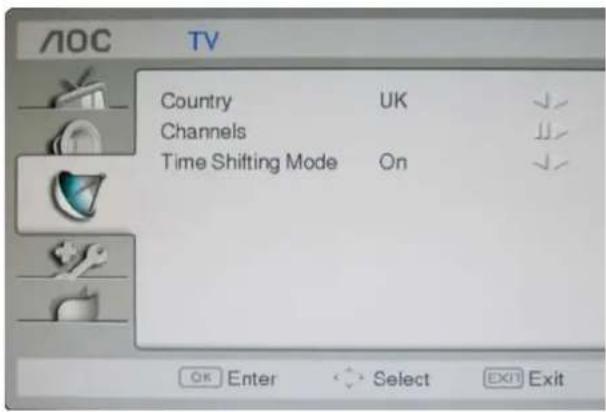 AOC TV Country UK Channels Time Shifting Mode On OK Enter Select EXIT Exit