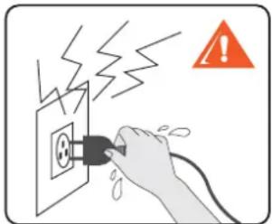 Safety warning illustration showing a hand using an electrical plug to test electrical hazard, with a warning symbol and exclamation mark.