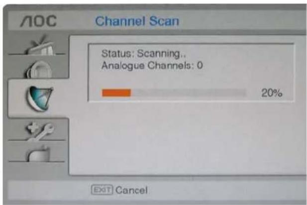 AOC Channel Scan Status: Scanning.. Analogue Channels: 0 20% EXIT Cancel