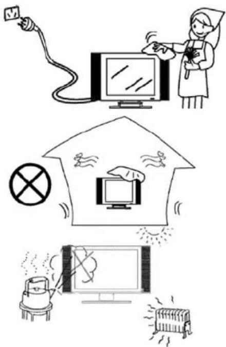 Illustration showing a nurse using a power adapter to clean a TV, with a prohibition symbol and a device emitting exhaust.