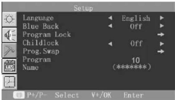 Setup Language English Blue Back Off Program Lock Childlock Off Prog. Swap Program 10 Name (********) P+/P- Select V+/OK Enter