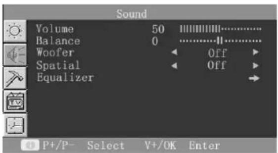 Sound Volume 50 HAMILIILIILIILIILIILIILIILIILIILIILIILIILIILIILIILIILIILIILIILIILIILIILIILIILIILIILIILIILIILIILIILIILIILIILIILIILIILIILIILIILIILIILIILIILIILIILIILIILIILIILI Balance 0 ...... Woofer Off Spatial Off Equalizer → P+/P- Select V+/OK Enter