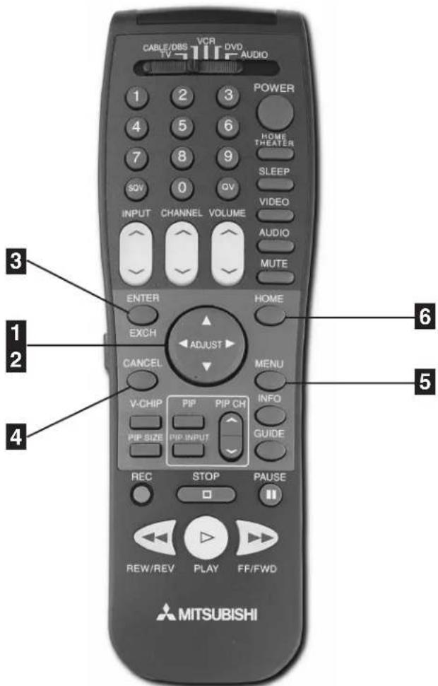 CABLE/DBS VCR DVD TV TV AUDIO POWER 1 2 3 4 5 6 HOME THEATER 7 8 9 SLEEP SOV 0 OV VIDEO INPUT CHANNEL VOLUME AUDIO MUTE ENTER HOME EXCH ADJUST CANCEL MENU V-CHIP PIP PIP CH INFO PIP-SIZE PIP INPUT GUIDE REC STOP PAUSE REW/REV PLAY FF/FWD MITSUBISHI