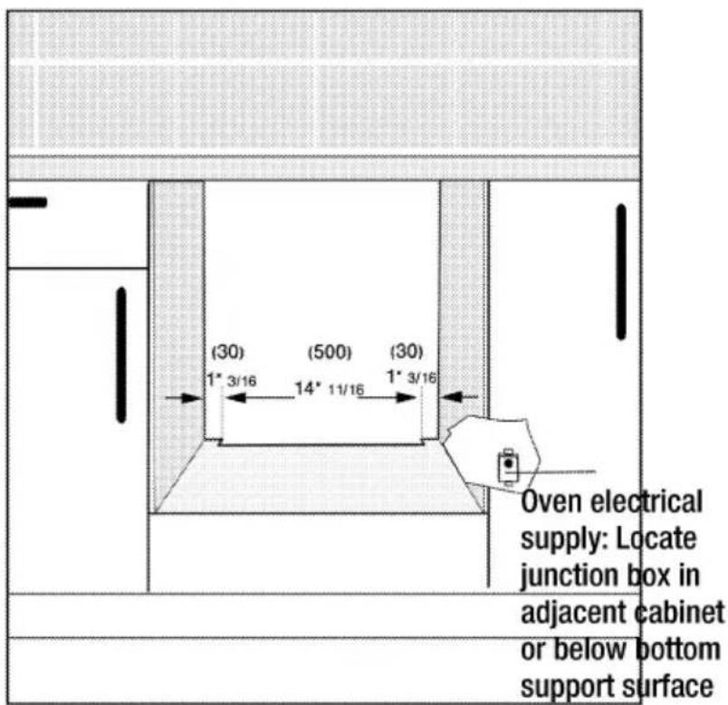 (30) (500) (30) 1° 3/16 14° 11/16 1° 3/16 Oven electrical supply: Locate junction box in adjacent cabinet or below bottom support surface