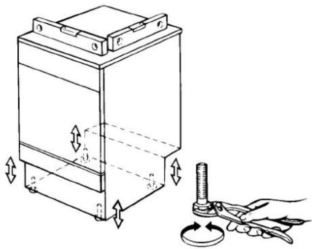 Technical diagram showing a mechanical device with rotating components and a hand using scissors to adjust the base.