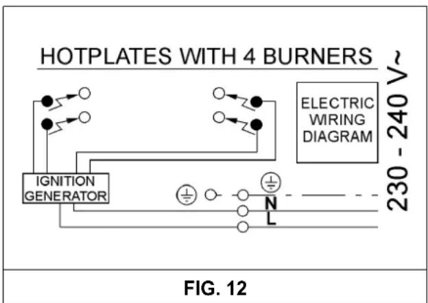 HOTPLATES WITH 4 BURNERS IGNITION GENERATOR ELECTRIC WIRING DIAGRAM 230 - 240 V~ FIG. 12