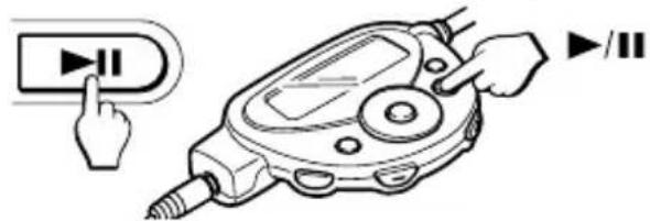 Diagram showing a hand pressing a button next to a digital device with control buttons, alongside a play button icon.
