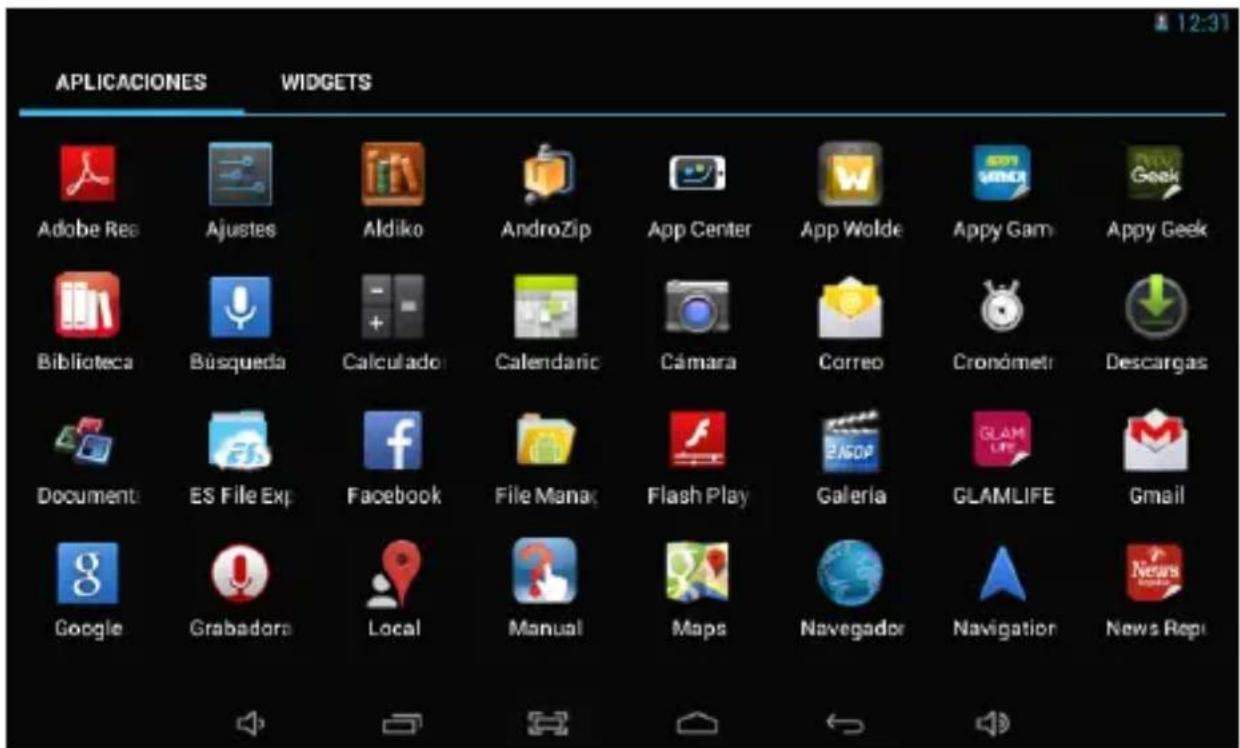 APLICACIONES WIDGETS Adobe Rea Ajustes Aldiko AndroZip App Center App Wolde Appy Gam Appy Geek Biblioteca Búsqueda Calculado Calendario Cámara Correo Cronómetr Descargas Document ES File Exp Facebook File Manager Flash Play Galería GLAMLIFE Gmail Google Grabadora Local Manual Maps Navegador Navigati…