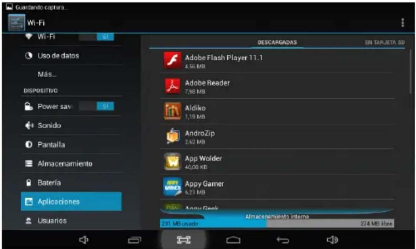 Guardando captara... Wi-Fi Wi-Fi si Uso de datos Más... DISPOSITIVO Power sav si Sonido Pantalla Almacenamiento Batería Aplicaciones Usuarios DESCARGADAS EN TARJETA SD Adobe Flash Player 11.1 4,56 MB Adobe Reader 7,98 MB Aldiko 1,19 MB AndroZip 2,62 MB App Wolder 40,00 KB Appy Gamer 6,21 MB Appy Gee…