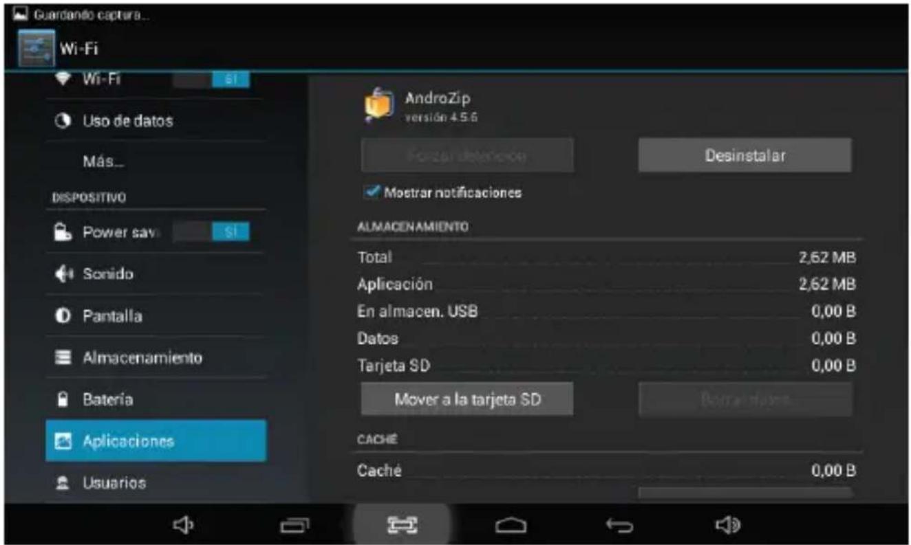 Guardando captara... Wi-Fi W-Fi S1 Uso de datos Más... DISPOSITIVO Power sav S1 Sonido Pantalla Almacenamiento Batería Aplicaciones Usuarios AndroZip versión 4.5.6 Forzal detención Desinstalar Mostrar notificaciones ALMACENAMIENTO Total 2,62 MB Aplicación 2,62 MB En almacen. USB 0,00 B Datos 0,00 B…