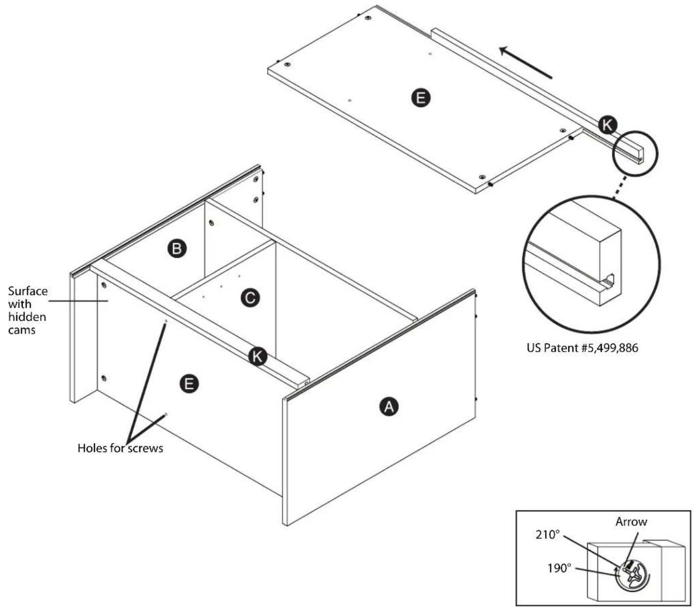 Surface with hidden cams Holes for screws E K B C K A US Patent #5,499,886 Arrow 210° 190°