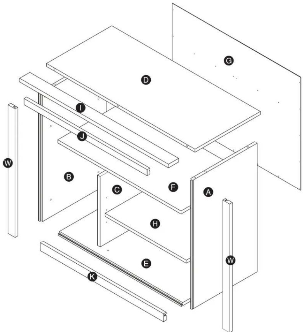 Technical diagram of a multi-level electronic device with labeled components A through W, showing structural layers and connections.
