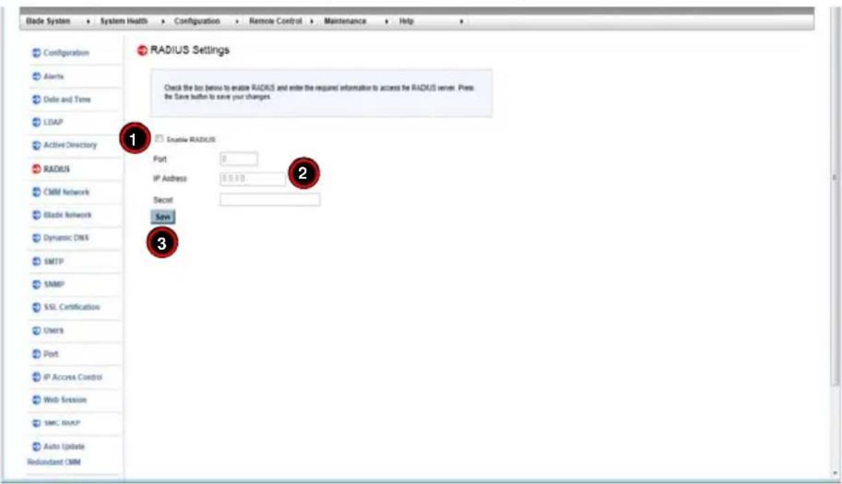 Blade System System Health Configuration Remote Control Maintenance Help Configuration Alerts Delete and Time LDAP Active Directory RADIUS CMM Network Blade Network Dynamic DNS SMTP SNMP SSL Certification UMRs Port IP Access Control Web Session SMC NAVP Auto Update Redundant CMM RADIUS Settings Chec…